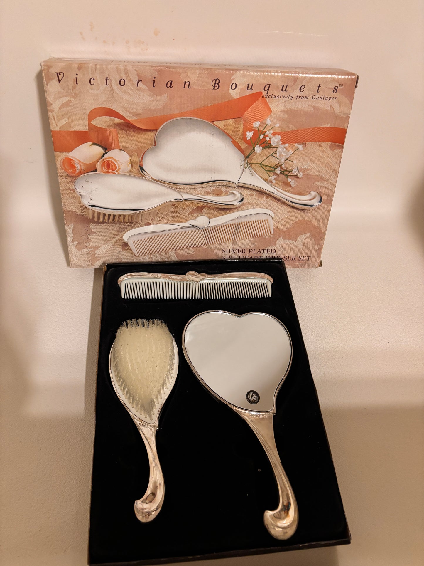 Vintage Godinger Vanity Dresser Set 3 Piece Silver Plated Hand Mirror Brush Comb- FREE SHIPPING
