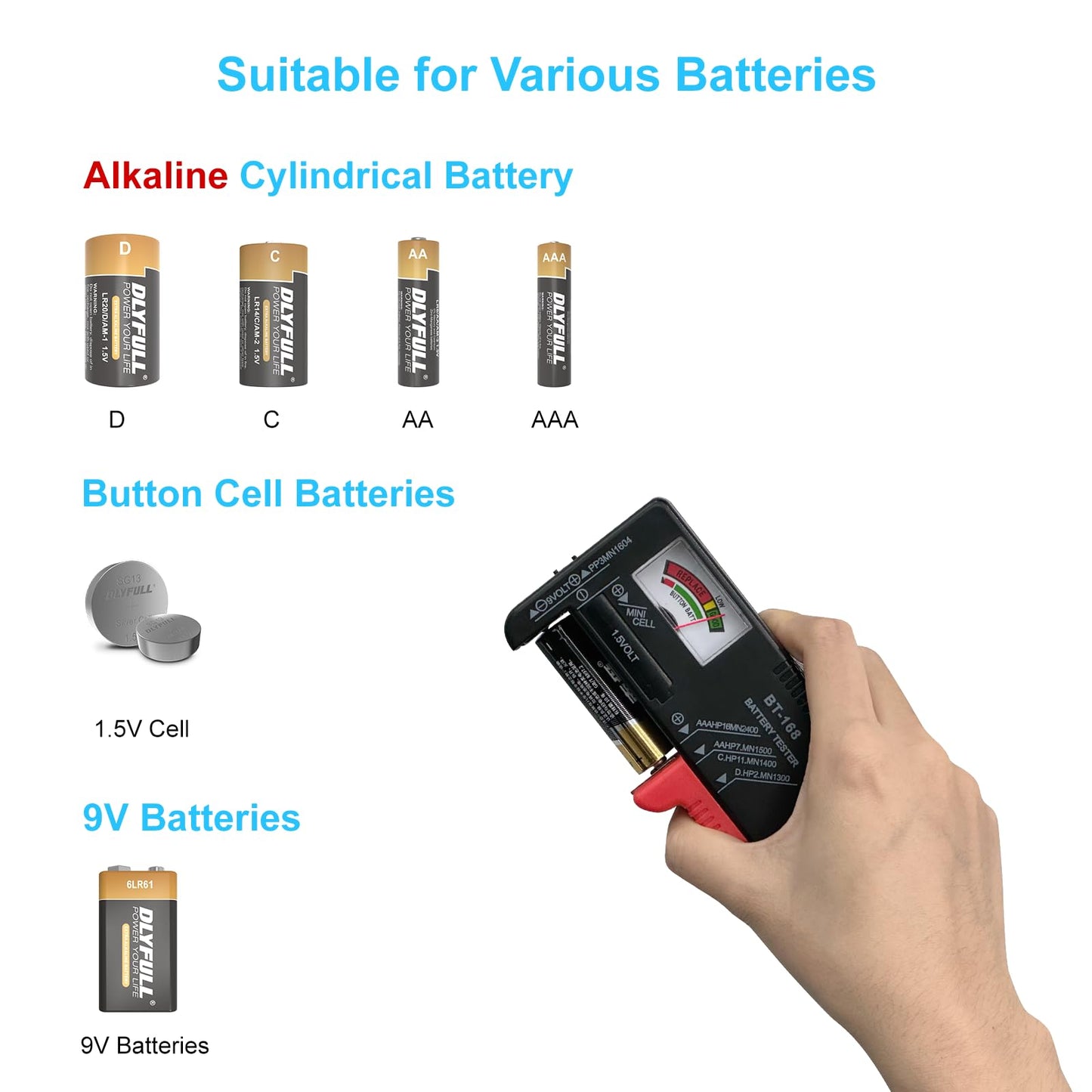 Dlyfull Universal Battery Tester, for AAA AA C D 9V 1.5V Button Cell Household Batteries