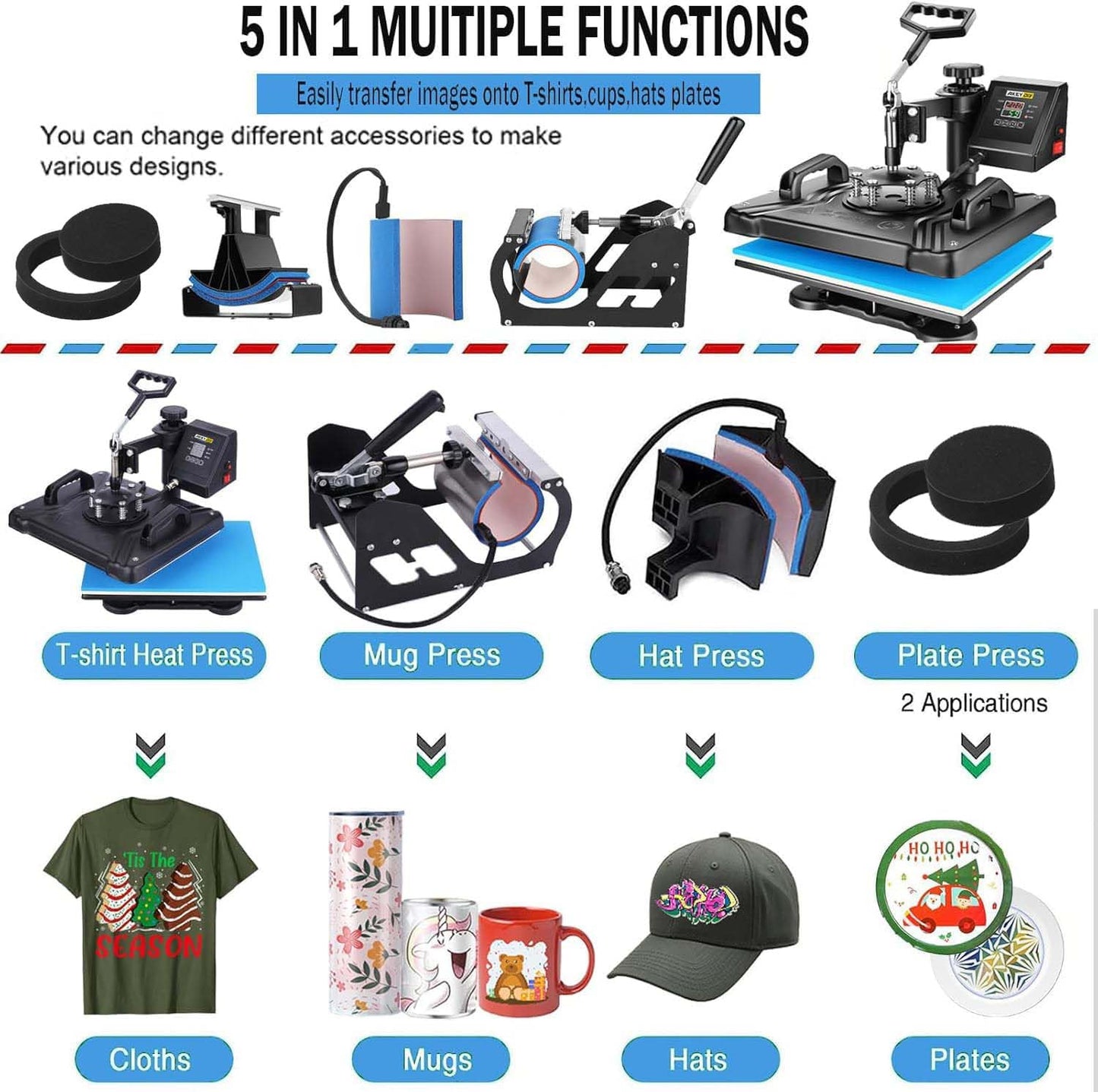 AKEYDIY 5 in 1 Heat Press Machine for T-Shirts, Mug Hat Plate