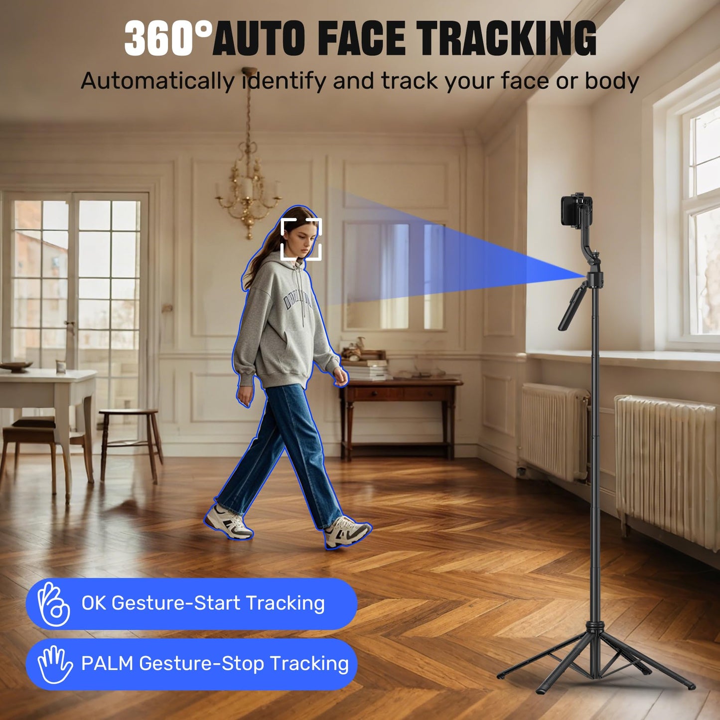Auto Face Tracking Selfie Stick Tripod for iPhone with Light,360 Rotation Follows Your Movement