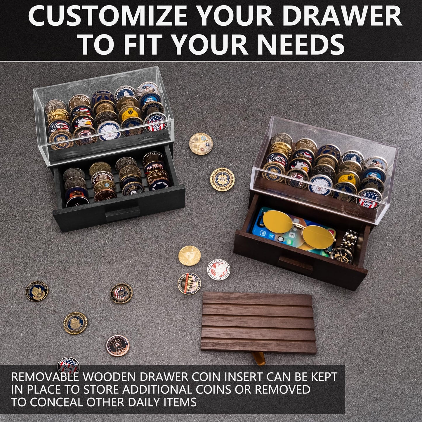 Wooden Coin Display Case with Clear Cover and Drawer