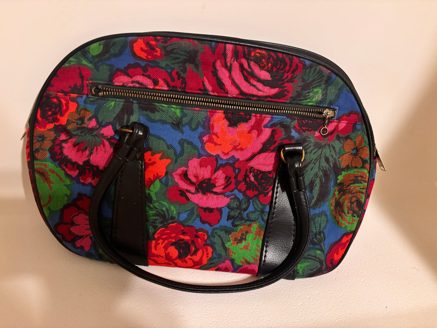 Vintage 1960's Mod Carry On Case Blue Pink Floral Satchel Bag 18” X 12” - FREE SHIPPING