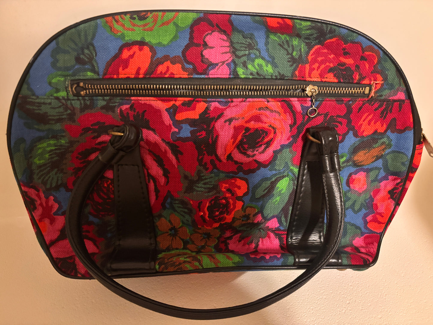 Vintage 1960's Mod Carry On Case Blue Pink Floral Satchel Bag 18” X 12” - FREE SHIPPING