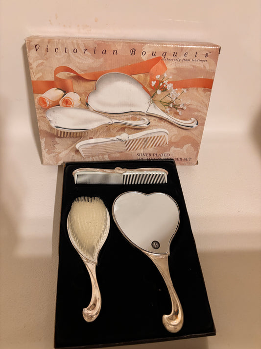Vintage Godinger Vanity Dresser Set 3 Piece Silver Plated Hand Mirror Brush Comb- FREE SHIPPING