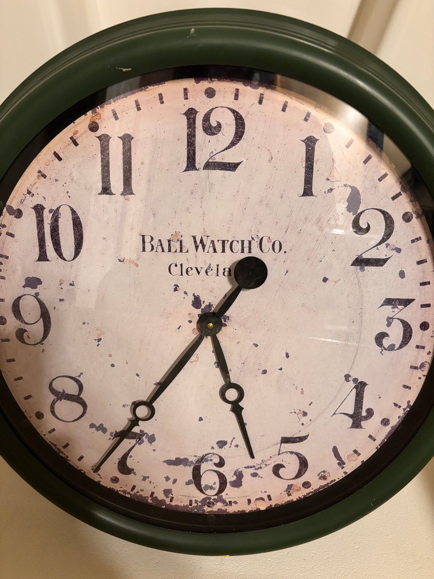Vintage-style Ball Watch Company "Cleveland" wall clock with a weathered white dial. - FREE SHIPPING