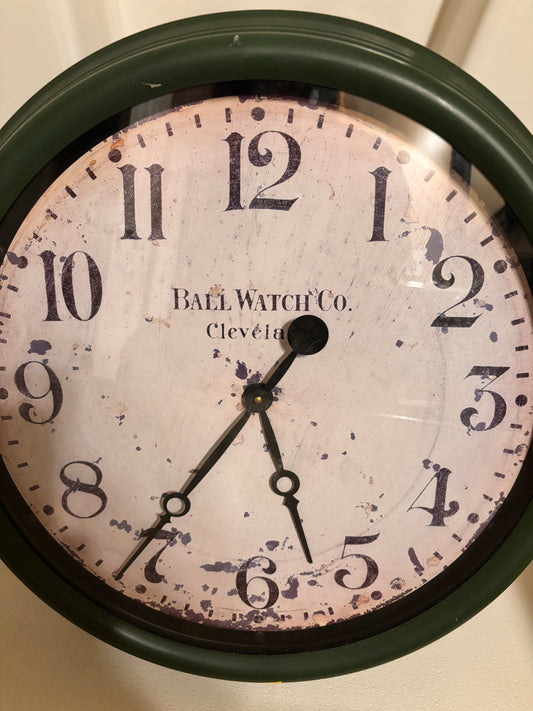Vintage-style Ball Watch Company "Cleveland" wall clock with a weathered white dial. - FREE SHIPPING