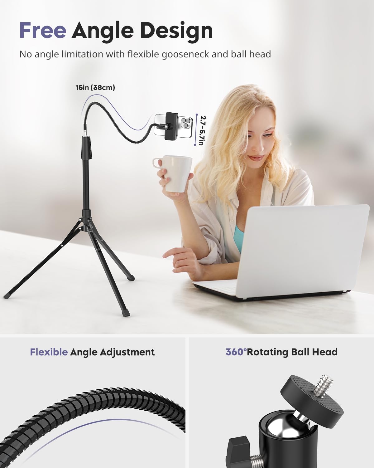 Aureday 92” Phone Tripod with Gooseneck and Remote