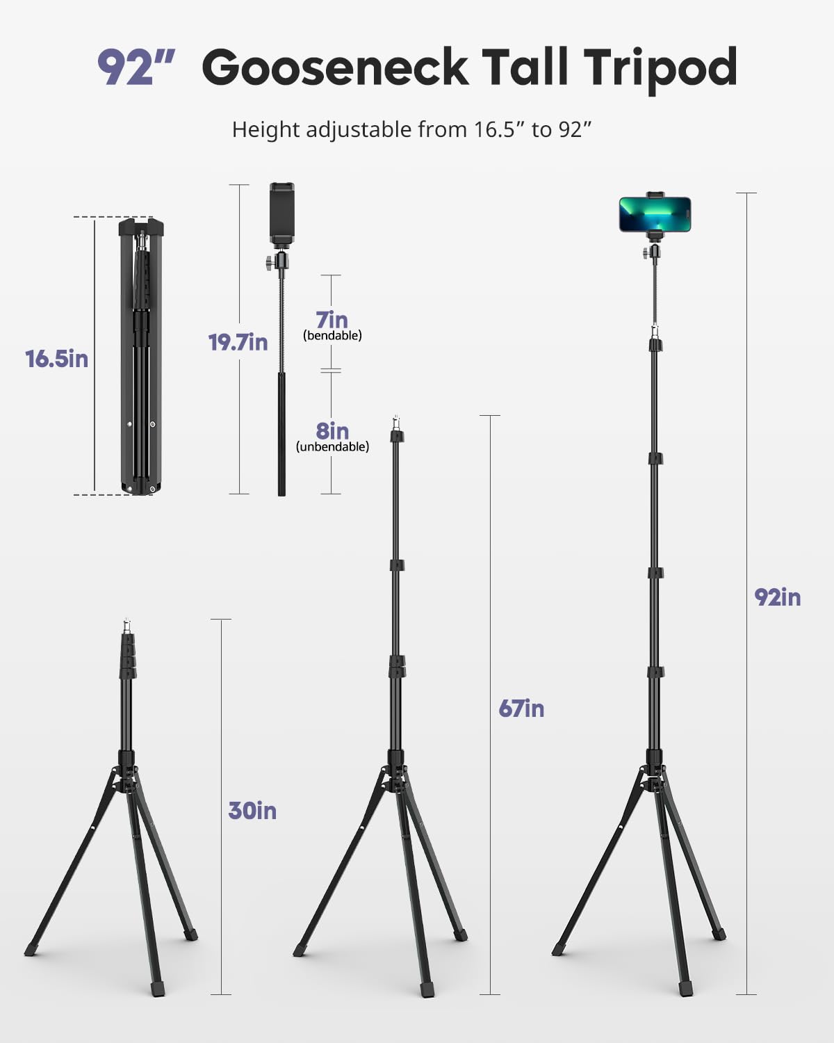Aureday 92” Phone Tripod with Gooseneck and Remote