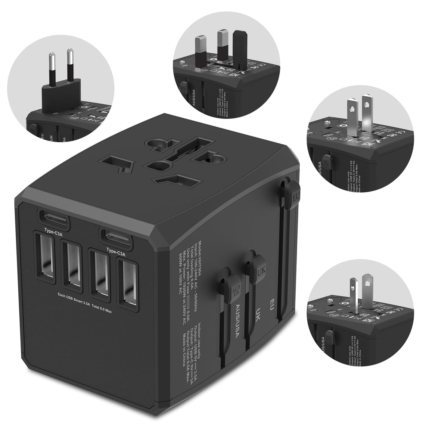 Pecrol Universal Power Travel Adapter, 6-Port 6.0A 30W with 4 USB-A, 2 USB-C Ports & 1 AC Outlet