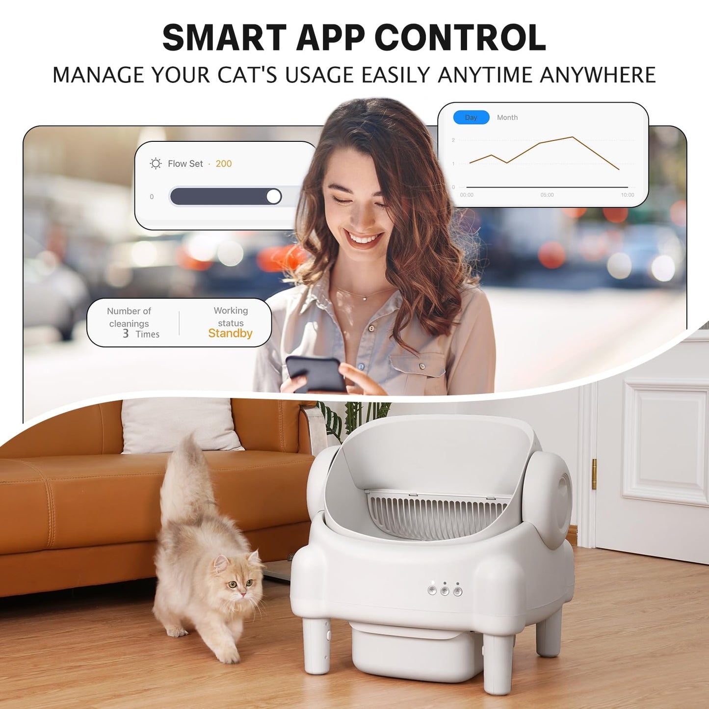 Self Cleaning Litter Box,Open Top Automatic Litter Box with App Control for Multiple Cats, Safety Sensors Protection, Odor Control