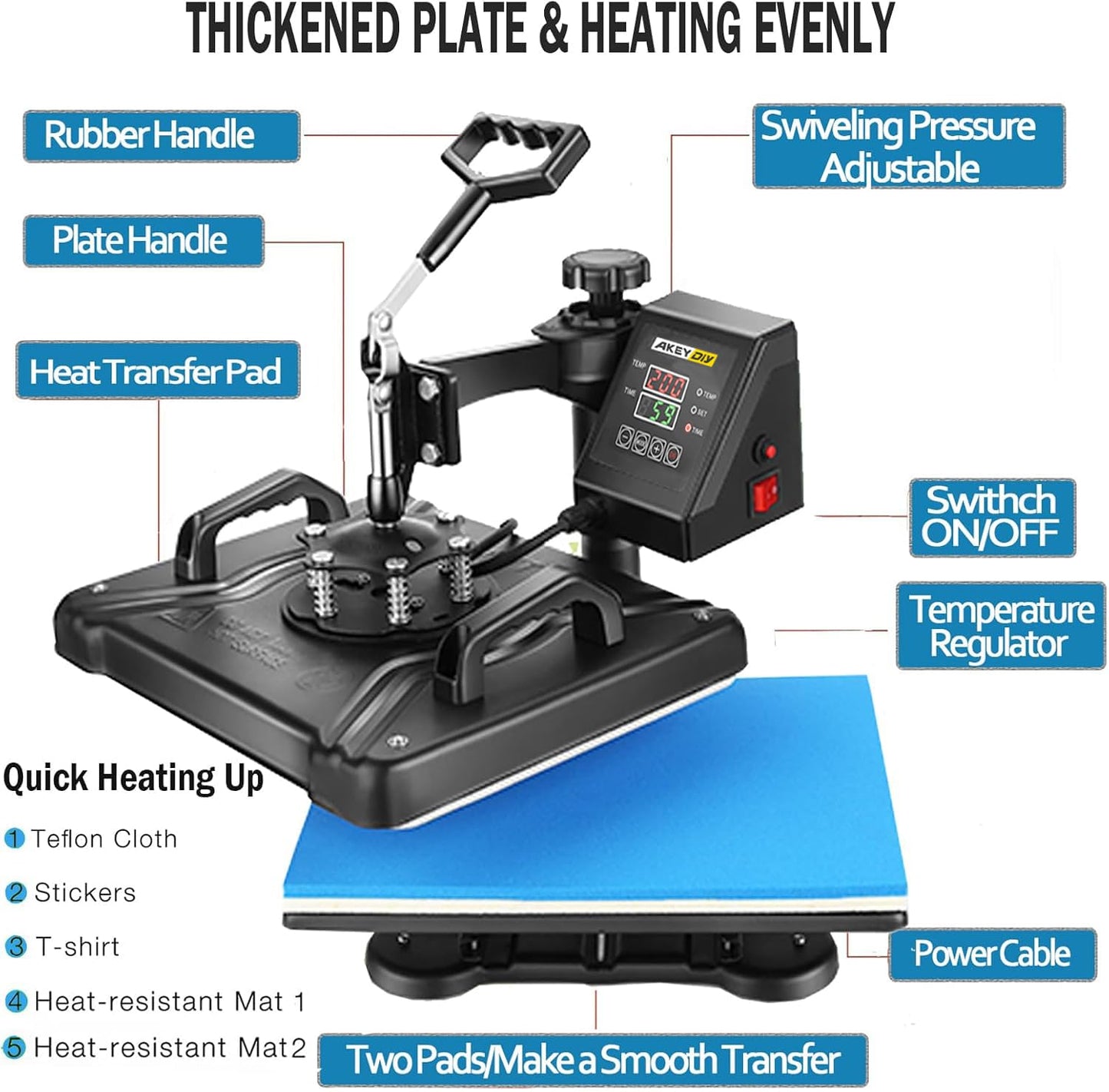 AKEYDIY 5 in 1 Heat Press Machine for T-Shirts, Mug Hat Plate