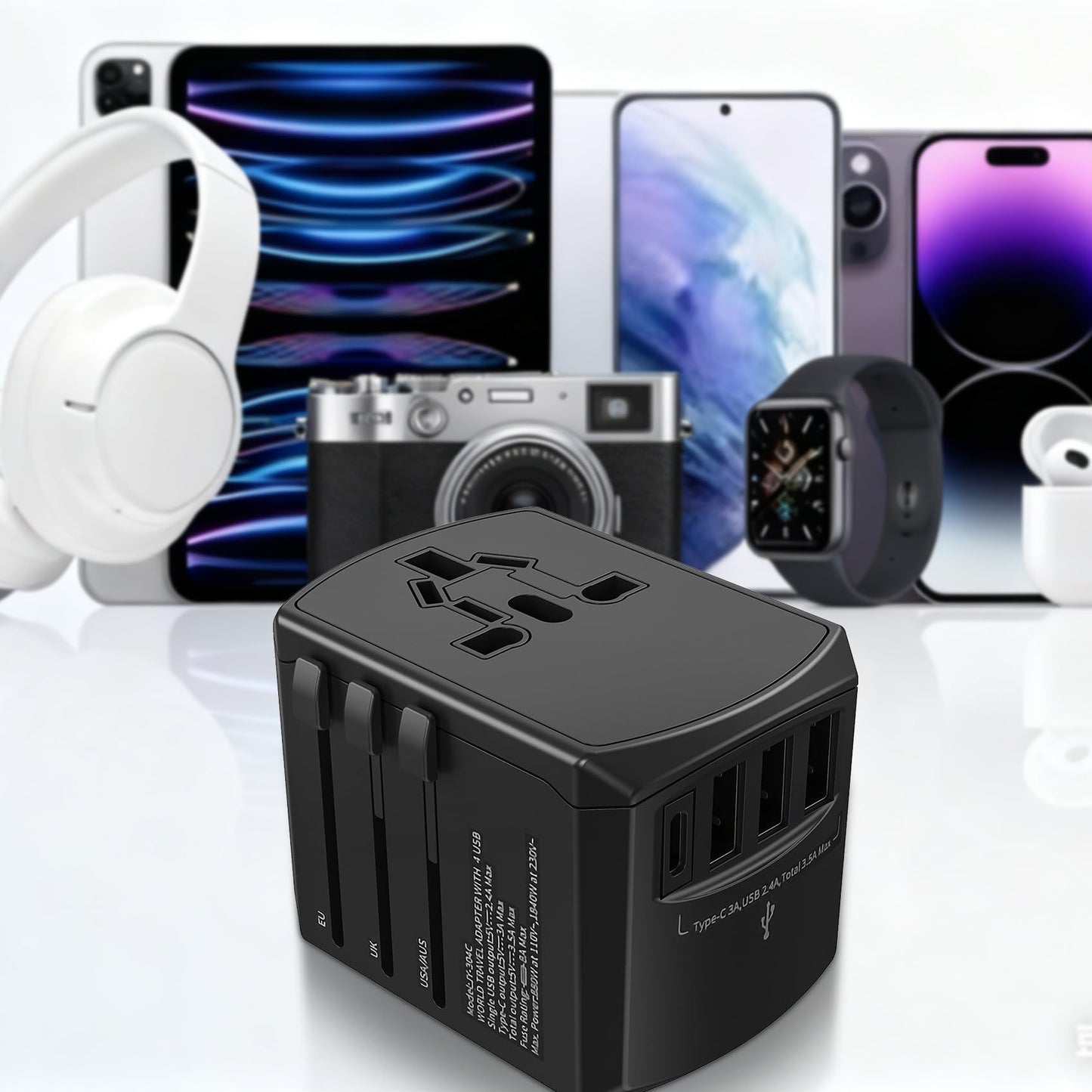 Pecrol Universal Power Travel Adapter, 6-Port 6.0A 30W with 4 USB-A, 2 USB-C Ports & 1 AC Outlet