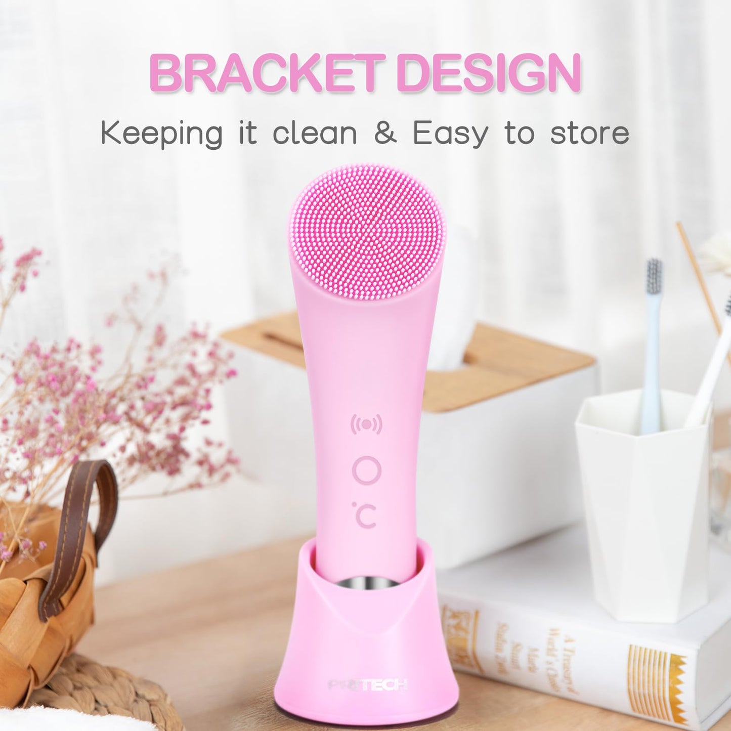 PRITECH Facial Cleansing Brush, Rechargeable Silicone Face Scrubber with Heat Massage