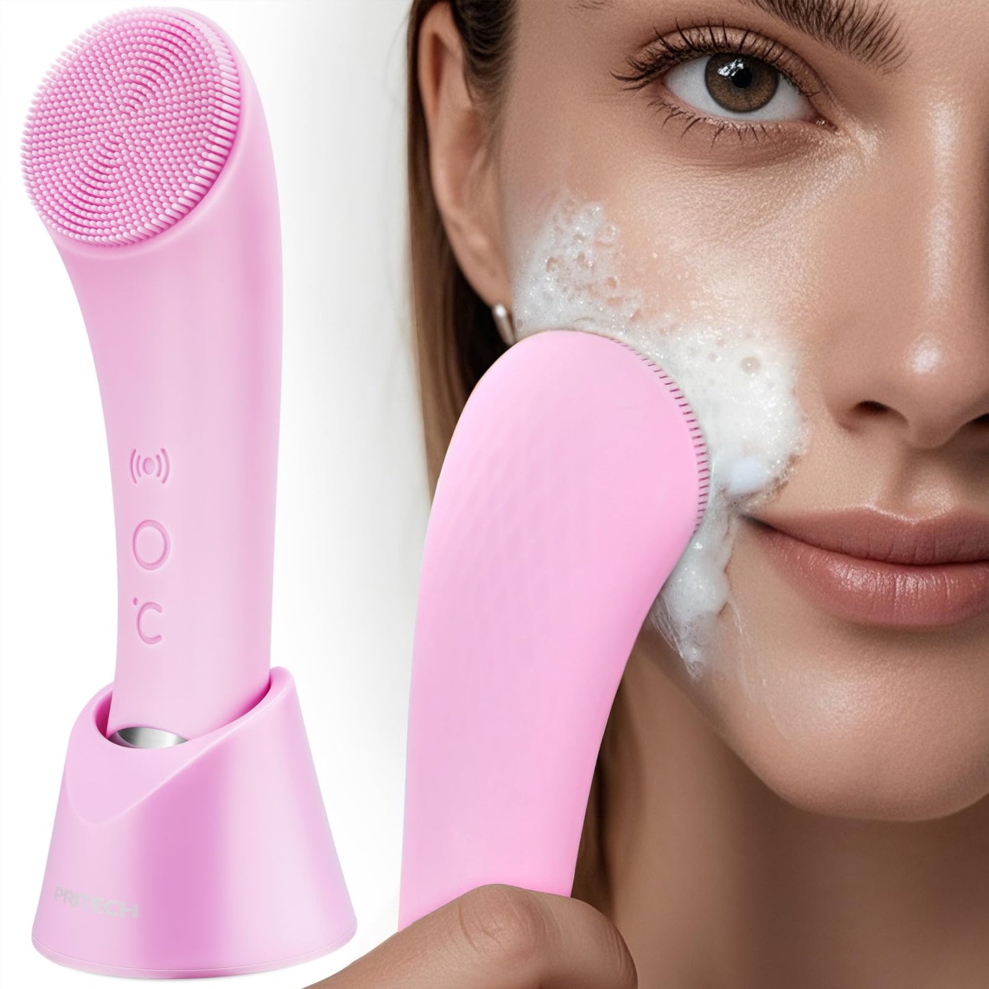 PRITECH Facial Cleansing Brush, Rechargeable Silicone Face Scrubber with Heat Massage