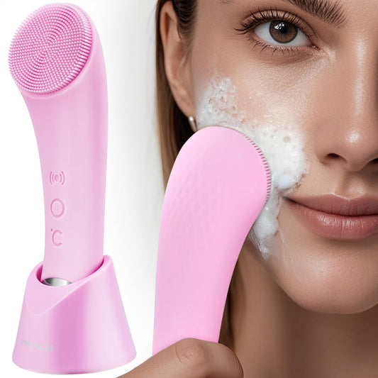 PRITECH Facial Cleansing Brush, Rechargeable Silicone Face Scrubber with Heat Massage