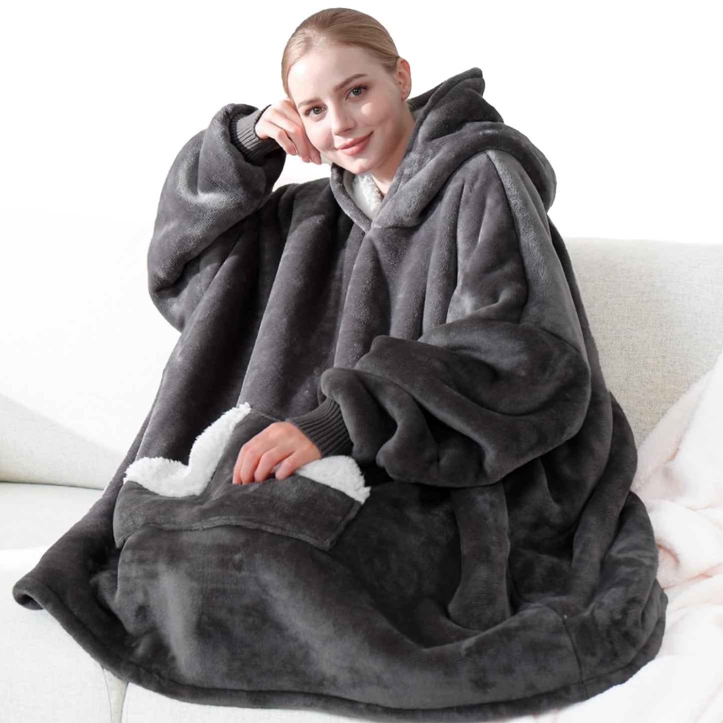 Touchat Wearable Blanket Hoodie Oversized Sherpa Fleece for Adults