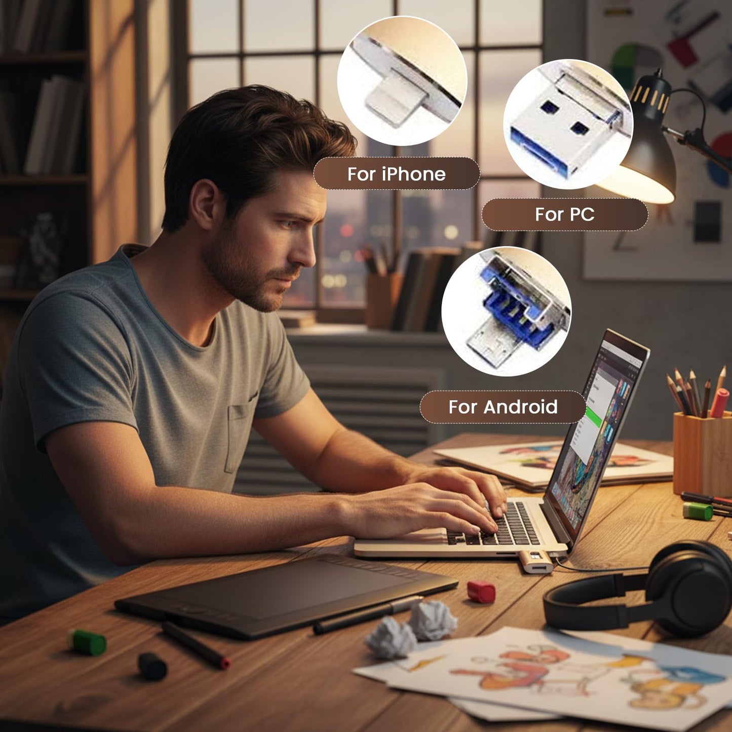 Sakerplus 3-in-1 Flash Drive for iPhone iPad & Computer, USB 3.0 Lightning Connector (128, GB)