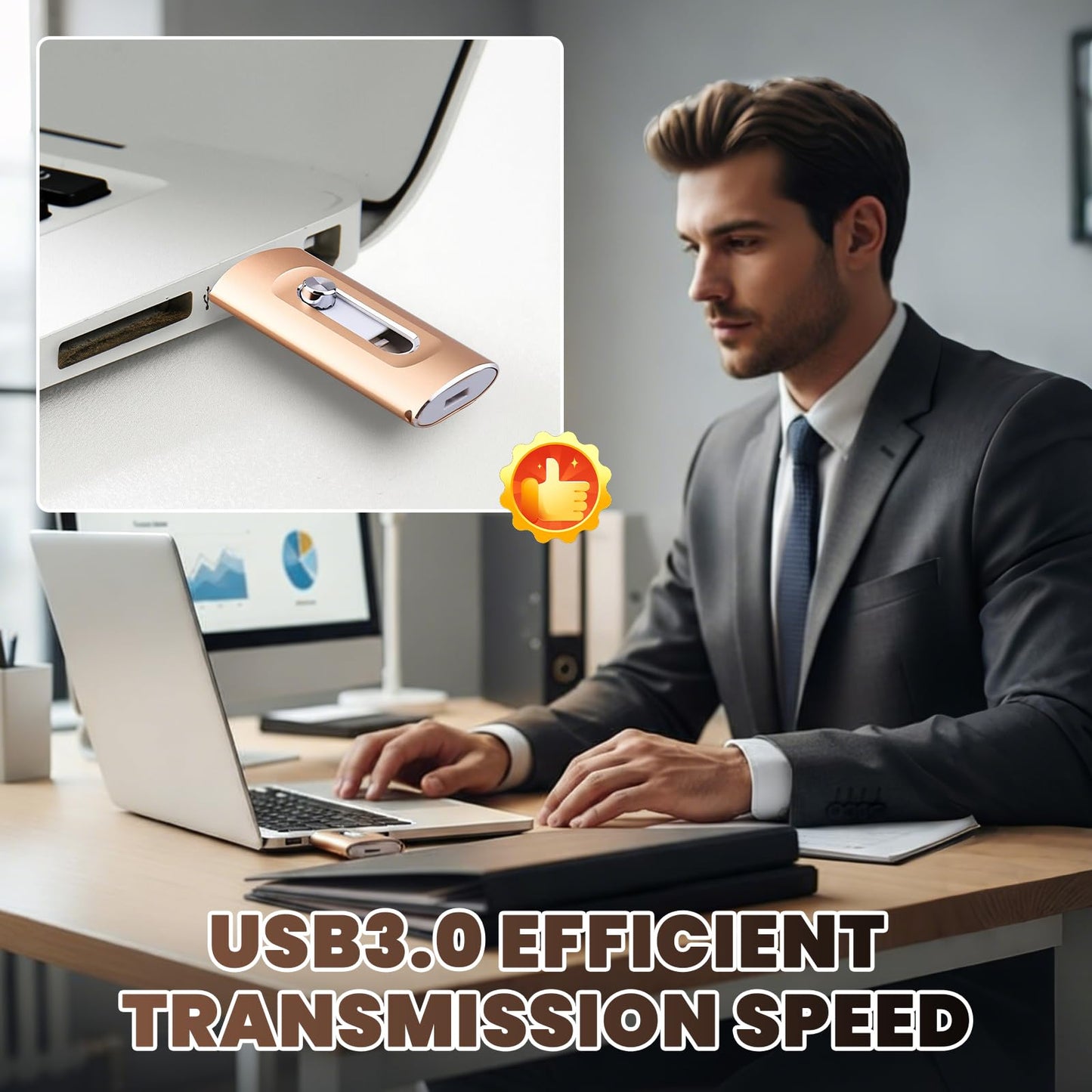 Sakerplus 3-in-1 Flash Drive for iPhone iPad & Computer, USB 3.0 Lightning Connector (128, GB)