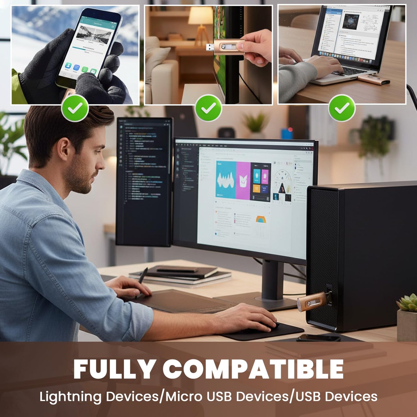 Sakerplus 3-in-1 Flash Drive for iPhone iPad & Computer, USB 3.0 Lightning Connector (128, GB)