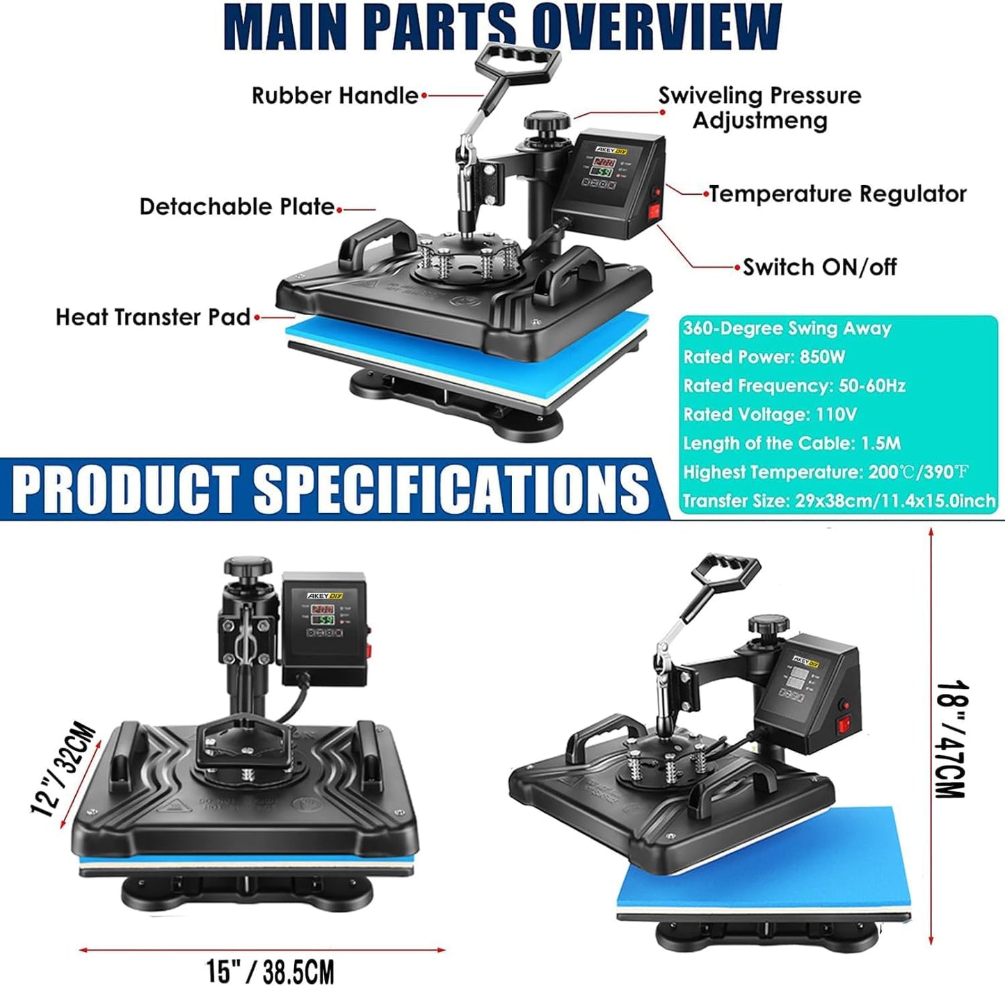 AKEYDIY 5 in 1 Heat Press Machine for T-Shirts, Mug Hat Plate