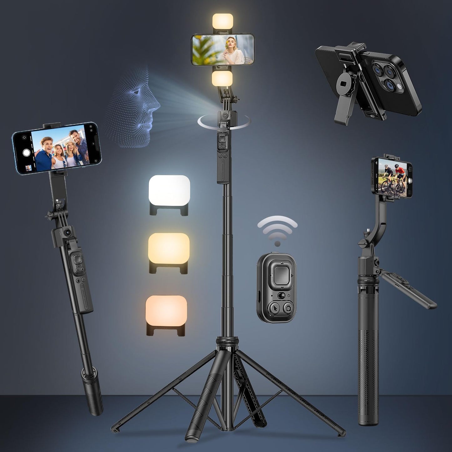 Auto Face Tracking Selfie Stick Tripod for iPhone with Light,360 Rotation Follows Your Movement