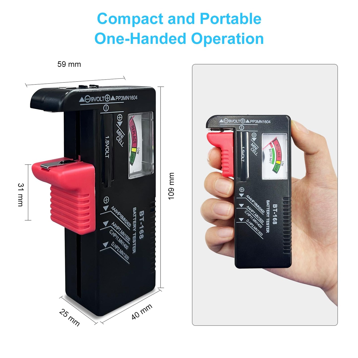 Dlyfull Universal Battery Tester, for AAA AA C D 9V 1.5V Button Cell Household Batteries