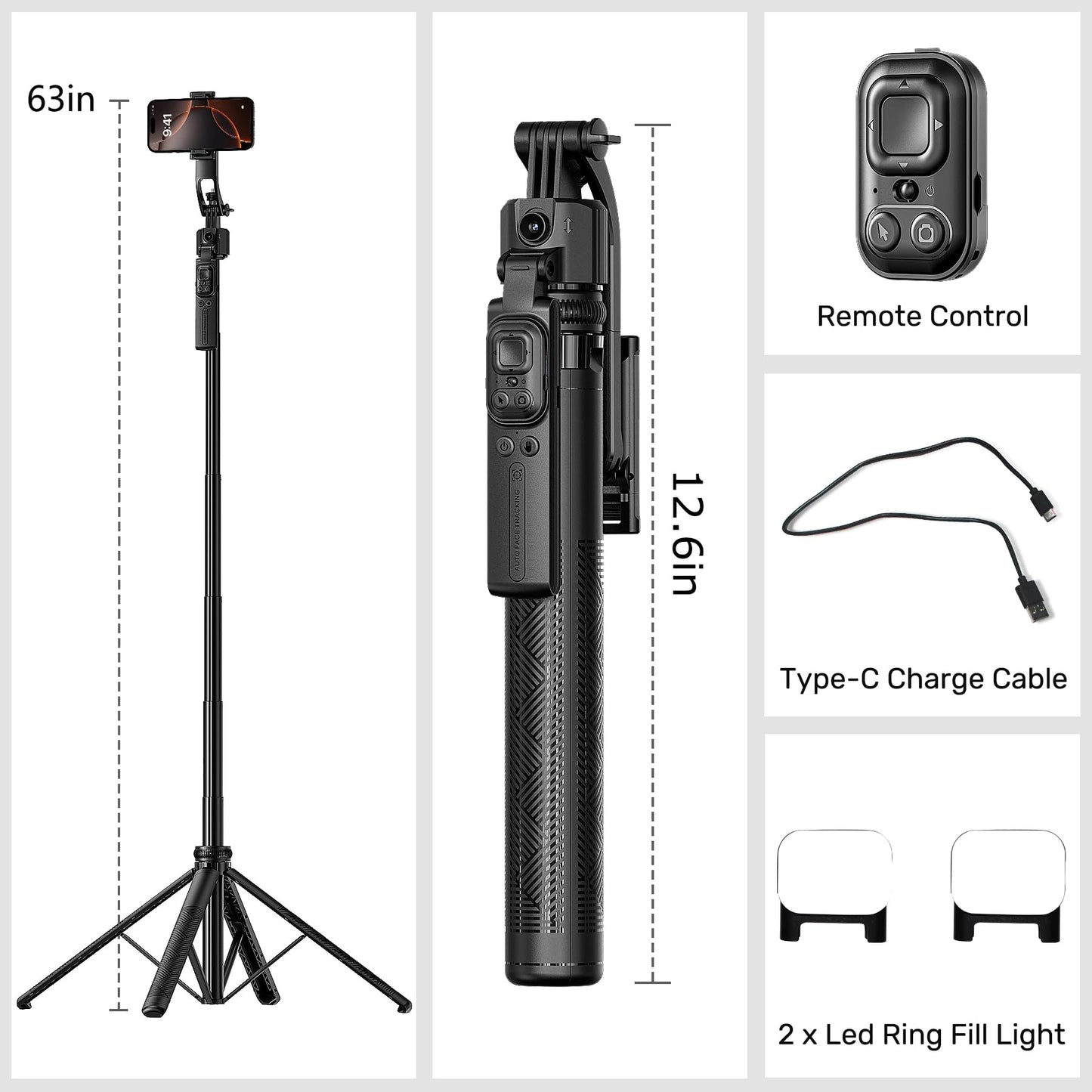 Auto Face Tracking Selfie Stick Tripod for iPhone with Light,360 Rotation Follows Your Movement