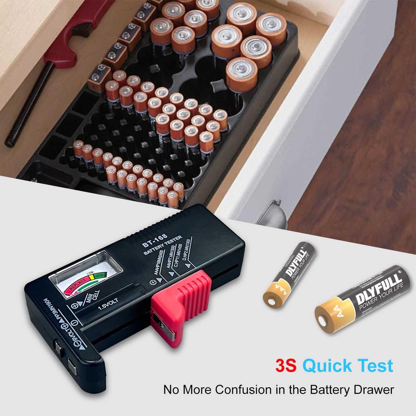 Dlyfull Universal Battery Tester, for AAA AA C D 9V 1.5V Button Cell Household Batteries
