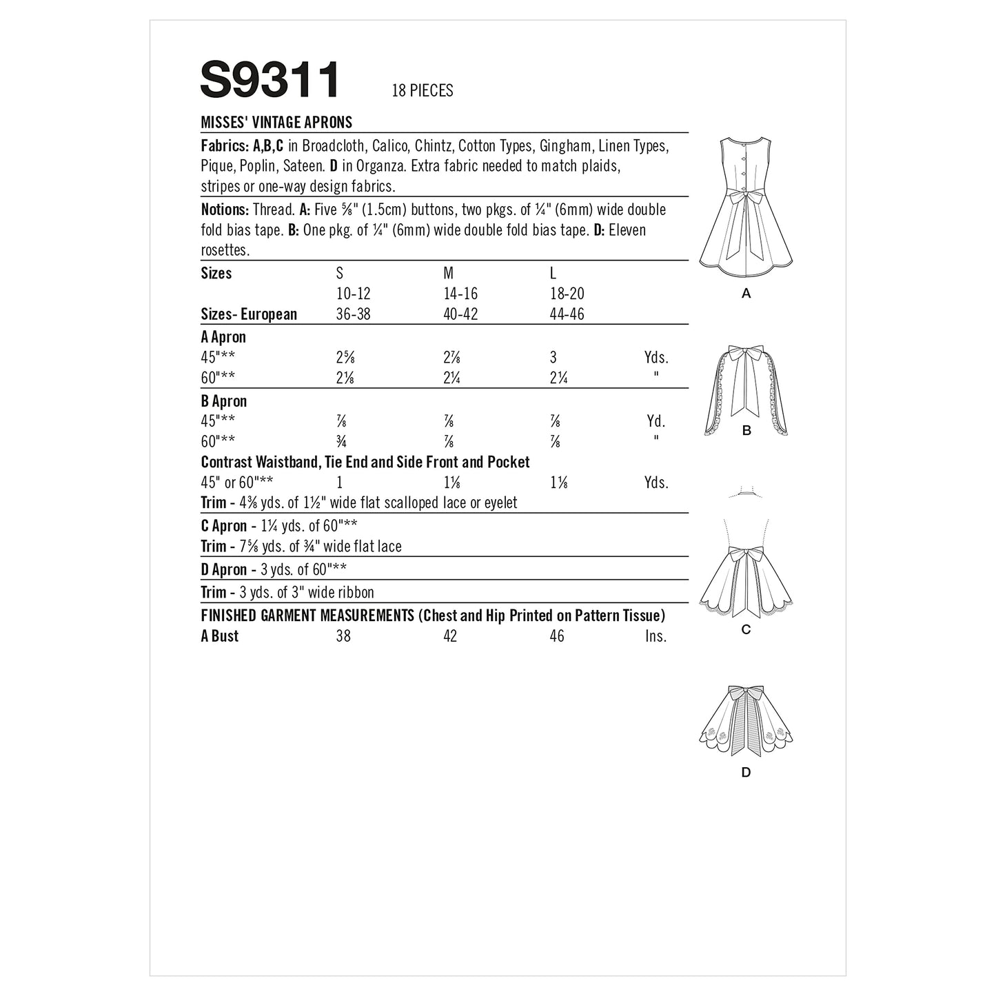 Misses' Vintage Apron Sewing Pattern Kit, Code 9311