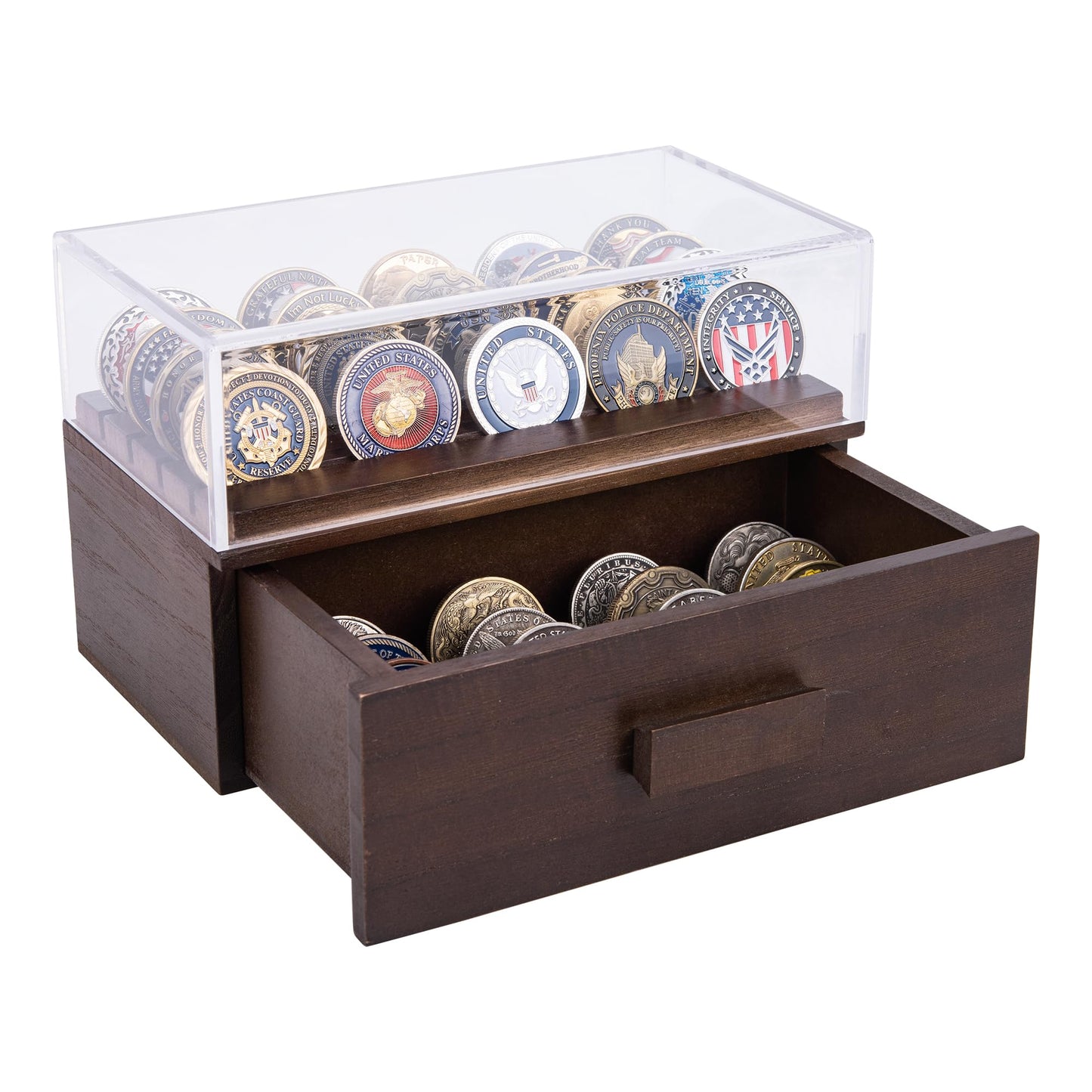Wooden Coin Display Case with Clear Cover and Drawer