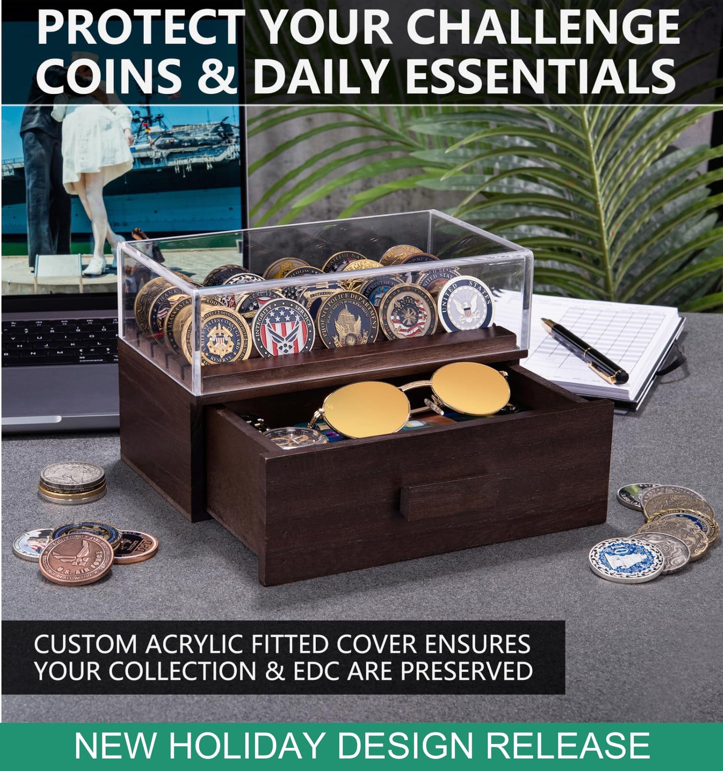 Wooden Coin Display Case with Clear Cover and Drawer