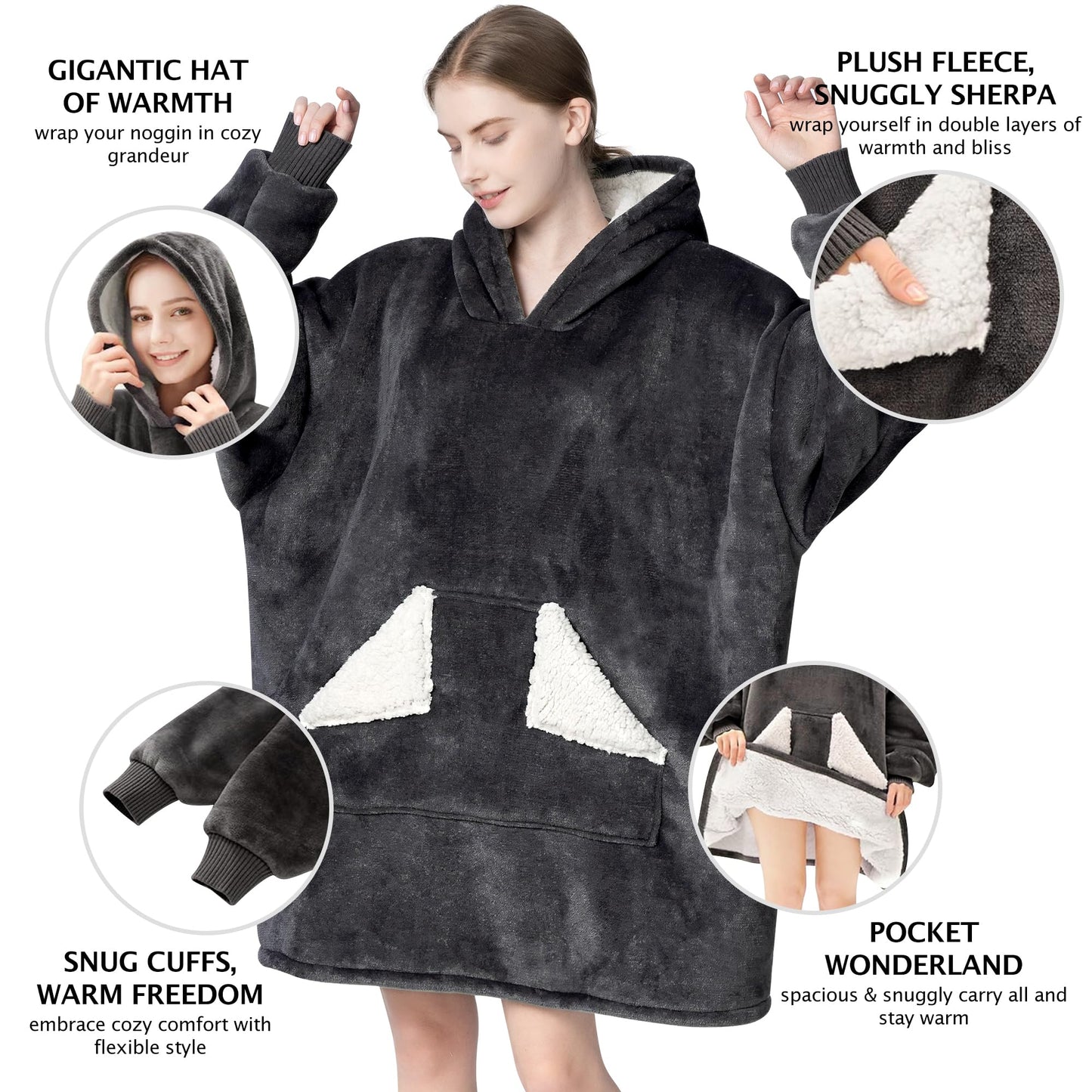 Touchat Wearable Blanket Hoodie Oversized Sherpa Fleece for Adults