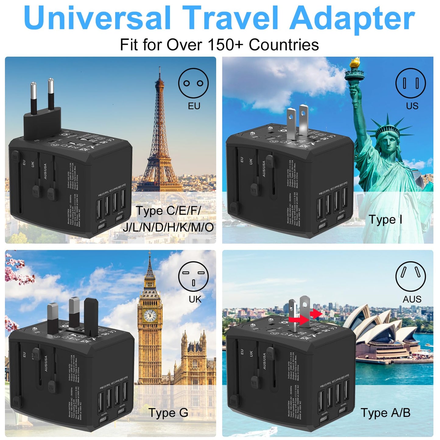 Pecrol Universal Power Travel Adapter, 6-Port 6.0A 30W with 4 USB-A, 2 USB-C Ports & 1 AC Outlet