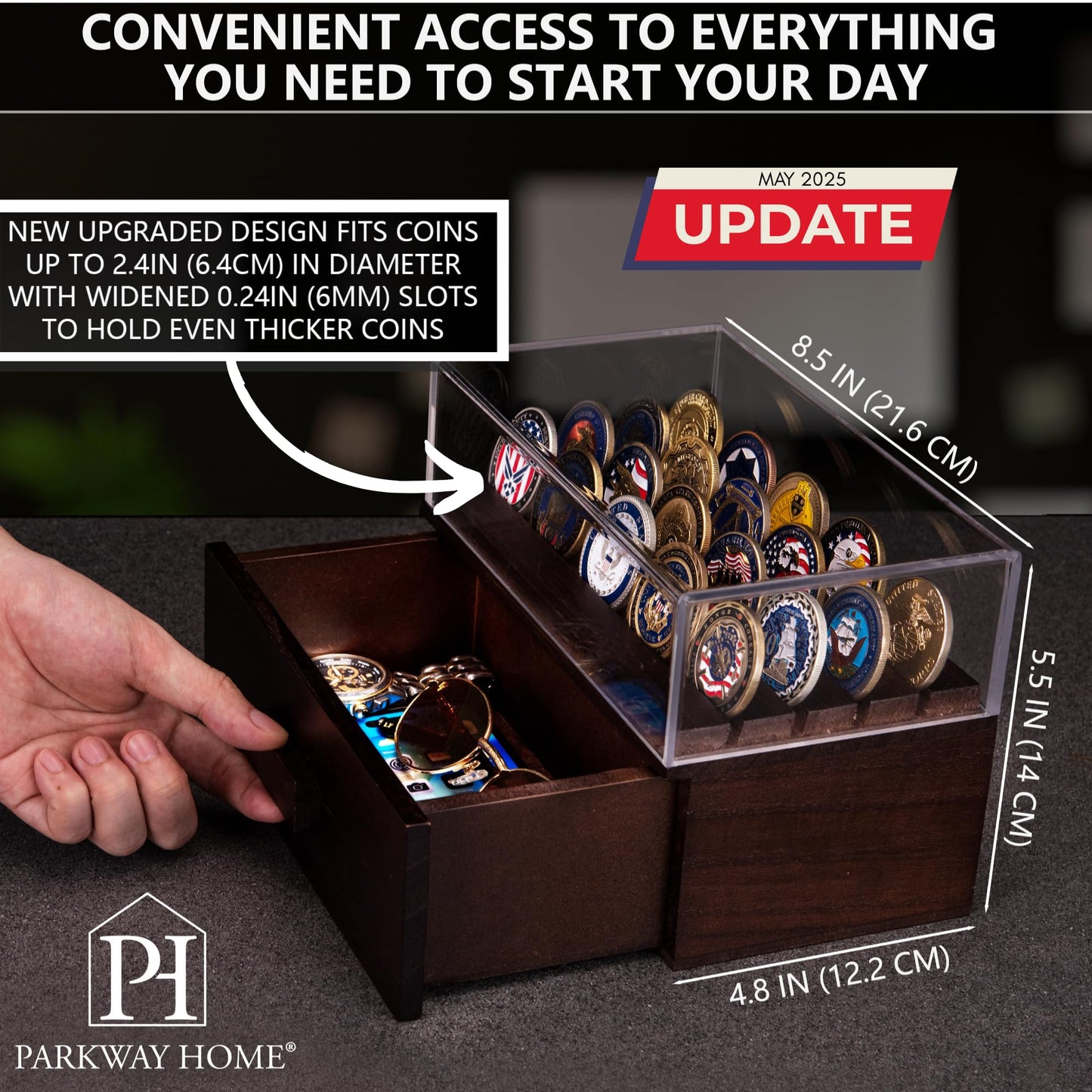 Wooden Coin Display Case with Clear Cover and Drawer