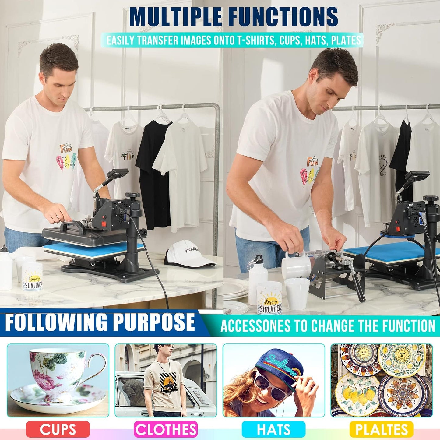 AKEYDIY 5 in 1 Heat Press Machine for T-Shirts, Mug Hat Plate