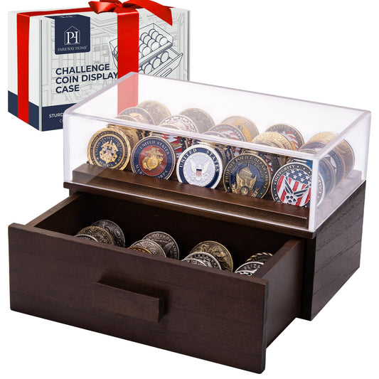 Wooden Coin Display Case with Clear Cover and Drawer