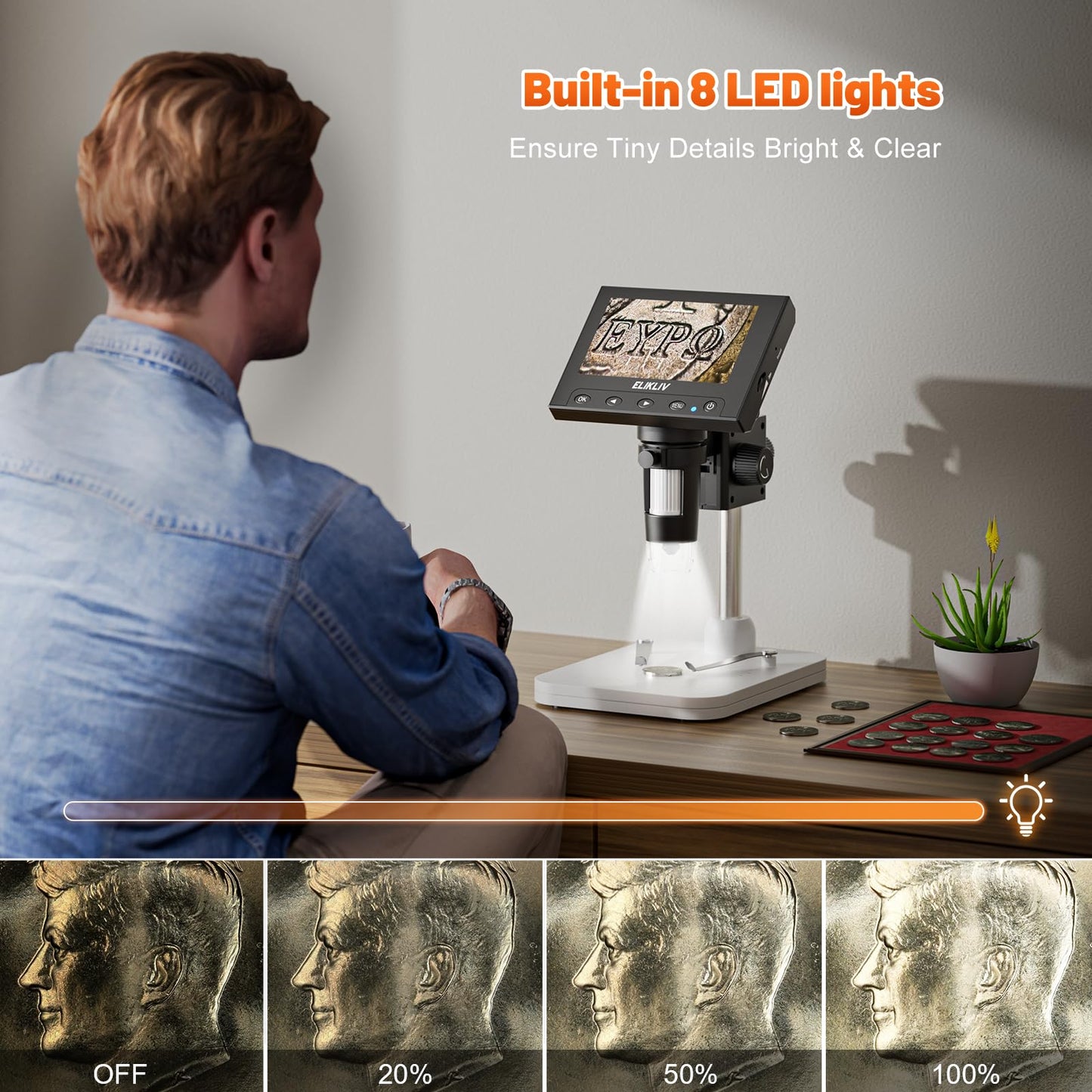 Elikliv 1000x Digital Coin Microscope with LCD Screen