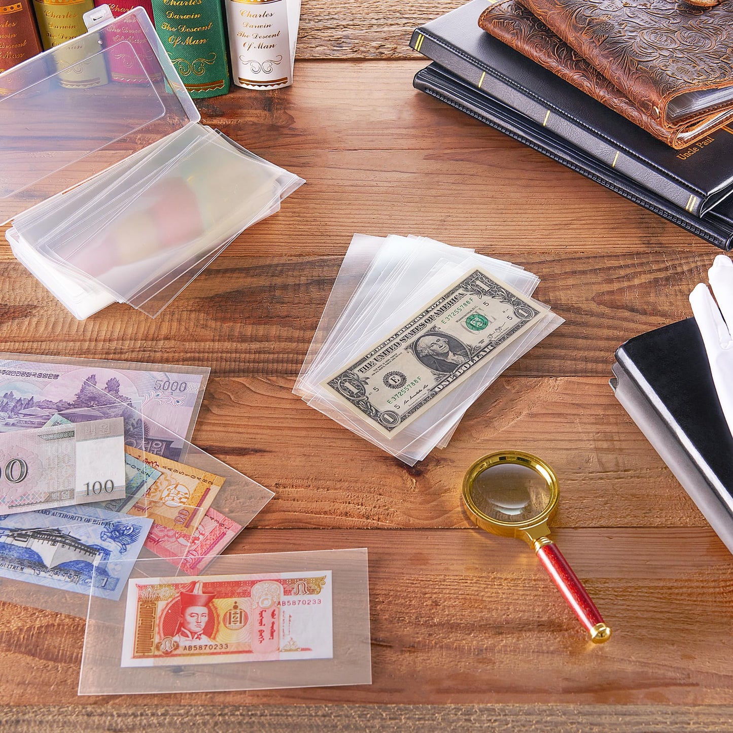Uncle Paul 100 PCS Currency Sleeves - Clear Dollar Holder with Storage Box Banknote Protector